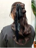 ハーフアップ リボン ヘアアレンジ 結婚式 お呼ばれ 金箔 艶髪