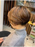20代30代40代小顔ひし形前下がりオレンジカラーショートボブ