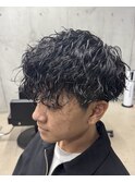 フェザーパーマ/グレーブルーカラー/刈り上げショートパンク