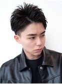メンズ波巻きセンターパート韓国風黒髪ツーブロックマッシュ
