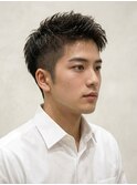 ビジネスマンメンズパーマアップバング爽やかショート黒髪