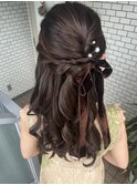 ハーフアップ　フェミニン　パール　ベロアリボン