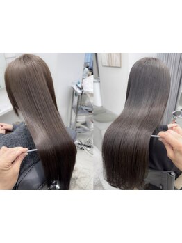 ゼロアルカリストレートで艶・質感◎ダメージレスの低アルカリの薬剤でカラーと同時OK★【青山/表参道】
