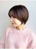 大人ショートボブ前髪ありひし形丸み丸顔面長絶壁K20250119