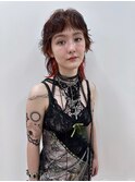 ショートマレットレイヤーウルフパーマオレンジブラウンヘア