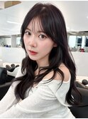 ロング黒髪前髪カット顔周りレイヤー韓国ヘア_F41312