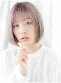ミルクティーピンクの透けバングぶつ切りボブd古河10代20代30代