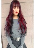 ロングヘアレッドブラックデザインカラー顔まわりレイヤー