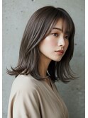 顔まわりミディアムレイヤーボブ外ハネボブくすみベージュ