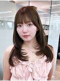 グレージュロング前髪カット韓国ヘア顔周りレイヤー_F31107
