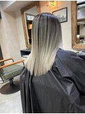 バレイヤージュ、ハイライト、レイヤーロング、グレーベージュ