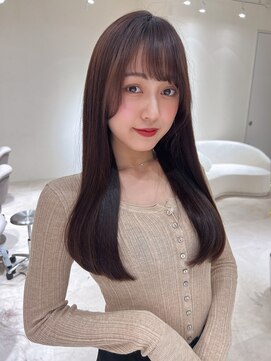 アム 表参道(am) 小顔薄めバンググレージュレイヤーロング前髪パーマ黒髪