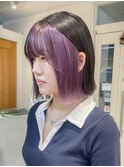インナーカラー　パープル　切りっぱなしボブ　横浜N