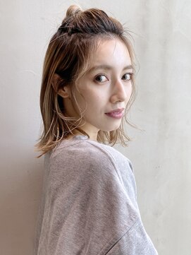 アイティー バイ アルバム 中野店(IT by ALBUM) 編み込みハーフ_オリーブカラーハイライトカラー_47121