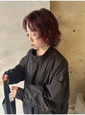 ボブレイヤーカット顔まわりカットパーマレッドカラー暖色袋町