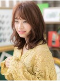 ★マロンベージュ毛先パーマ小顔ウェーブミディアム30代40代★1