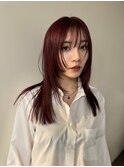 レイヤーカットボルドーカラーレッドブラウン顔まわりカット