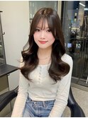 韓国ヘアロングレイヤーカットグレージュ前髪カット