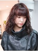 前髪カット顔周りレイヤーミディアムピンクベージュ_F1545