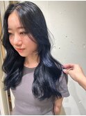 韓国前髪顔まわり　ブルーブラック　ニュアンスカラー