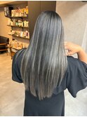 バレイヤージュ、ハイライト、レイヤーロング、グレーベージュ