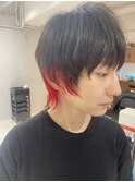 メンズウルフカットインナーカラーレッドカラーユニセックス