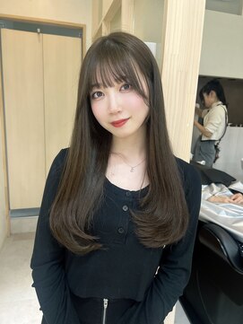 アム 表参道(am) 小顔薄めバンググレージュレイヤーロング前髪パーマ黒髪