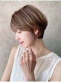 ひし形ショートボブ丸みくびれ/20代30代40代/縮毛矯正/前髪/横浜