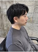 メンズミディアムメンズボブセンターパートウルフニュアンス
