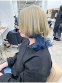 ホワイトブロンドインナーカラーブルー/ハイトーン/ケアブリーチ