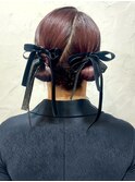 ツインお団子 ヘアアレンジ リボン 結婚式 お呼ばれ パーティー