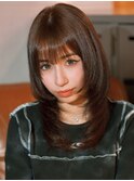 姫カットレイヤーロングミディアムハッシュカット赤髪ボルドー
