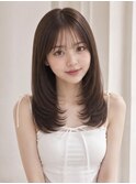 小顔シースルーバング顔周りカットセミロングレイヤーワンカール