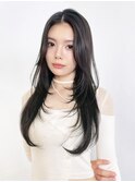 暗めカラー韓国ヘア顔周りレイヤーロンググレージュ_F0555