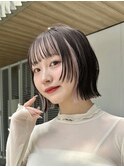 顔まわりインナー外ハネ切りっぱなしボブデザインカラー