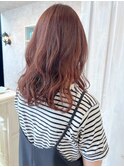 福山市美容室Caary赤みレッド系カラー艶ふんわりセミロング