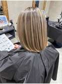 バレイヤージュ、ハイライト、レイヤーロング、グレーベージュ