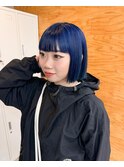ネイビーブルー　ネイビー　ブリーチカラー　ボブ　前髪　カラー