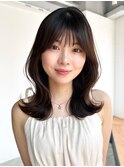 ココアベージュ前髪カット小顔顔周りレイヤー韓国ヘア_F40975