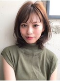外ハネボブ毛先パーマ厚めバング スリークボブ アッシュブラウン
