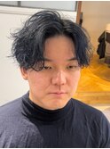 ブルーブラックハイライトかきあげセンターパートメッシュ