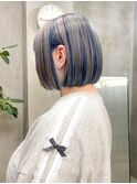 ボブインナーカラー青ブルーカラーシルバーデザインカラー