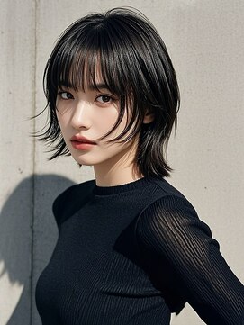 ハイライトクラゲヘアミニボブ成人式パーマミディアム裾カラー