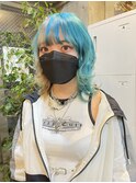 ウルフカット/ダブルカラー/インナーカラー/ベージュ/水色
