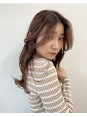 大人可愛い韓国ロングヘアヨシンモリ艶ブラウンカラー長めバング