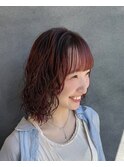 ミディアムパーマ　テラコッタカラー　