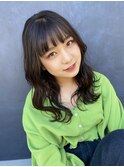 大人かわいい黒髪艶髪地毛ぱっつん前髪Aラインルーズウェーブ