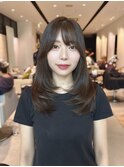 韓国ミディアムレイヤーカット顔まわり前髪カットブラウンカラー