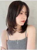 セミディナチュラルカール前髪斜めバングシースルーバング