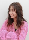 ロングシースルーバングコテ巻きパーマ風顔周りレイヤー